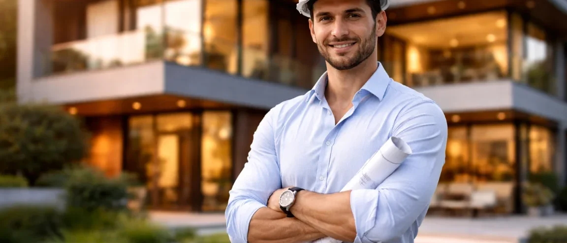 Man in a hard hat holding rolled blueprints in front of a modern glass-and-timber house