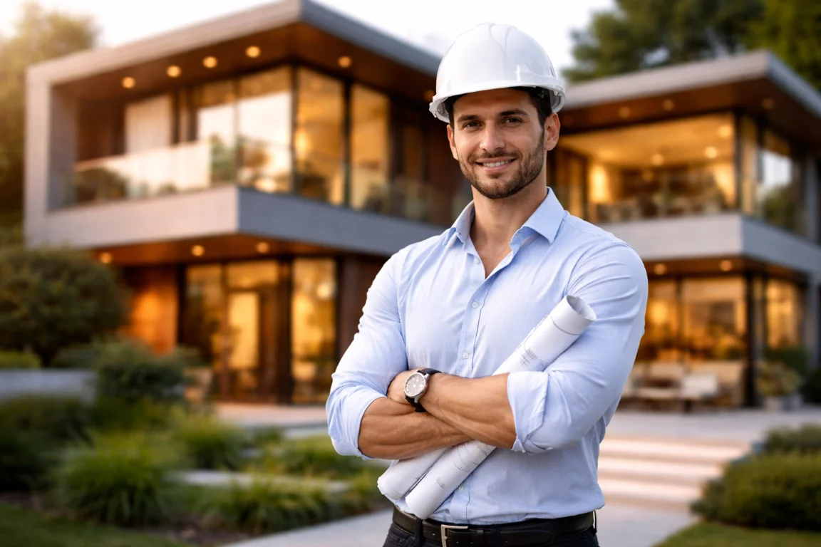 Man in a hard hat holding rolled blueprints in front of a modern glass-and-timber house