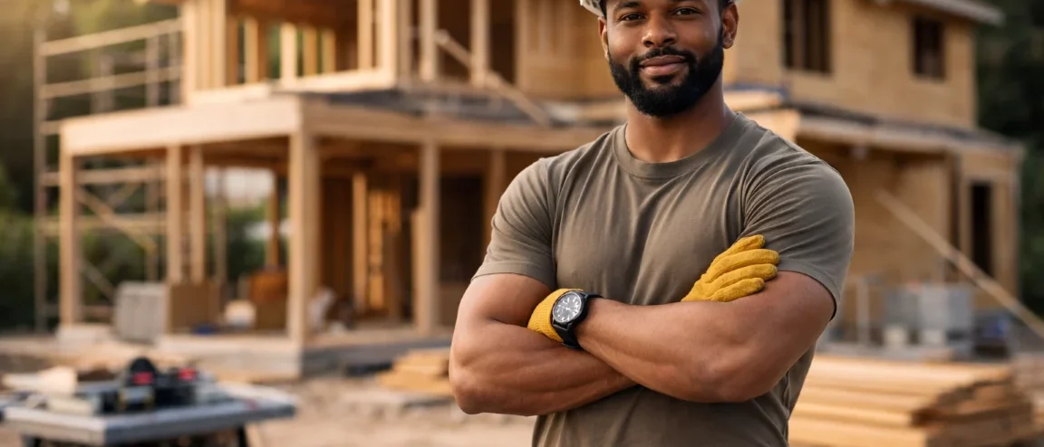 Contractor in a hard hat and tool belt standing arms crossed at a timber-framed house under construction
