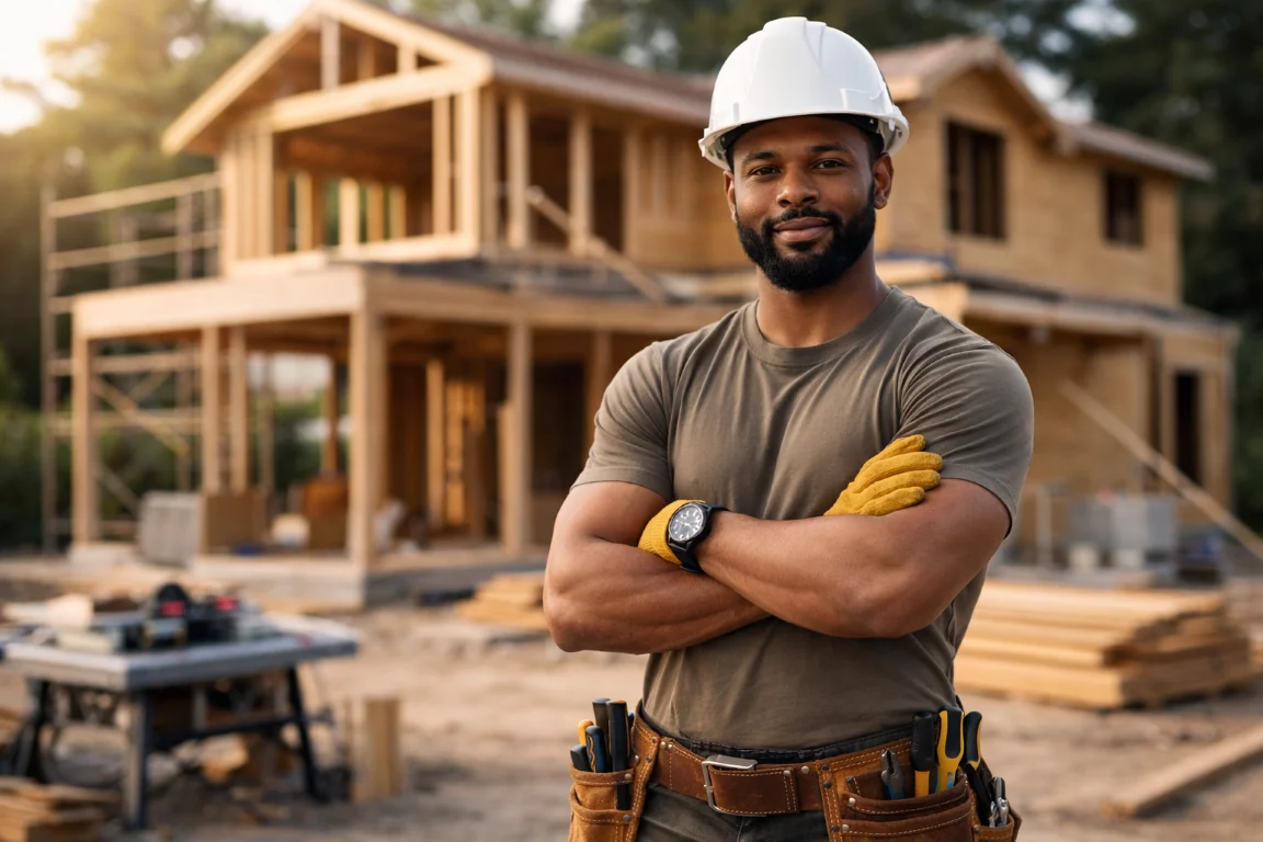 Contractor in a hard hat and tool belt standing arms crossed at a timber-framed house under construction