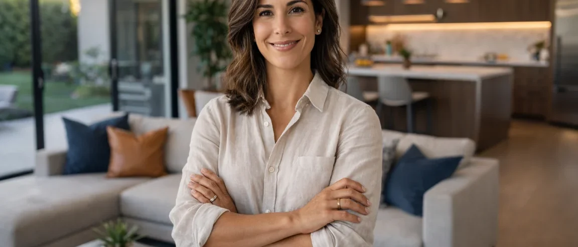 Woman standing with arms crossed in an open kitchen and living room, glass sliding doors behind her