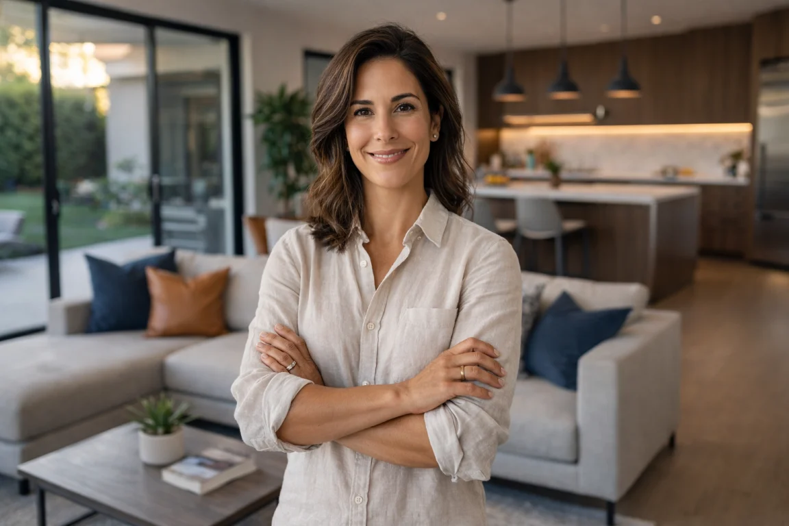 Woman standing with arms crossed in an open kitchen and living room, glass sliding doors behind her