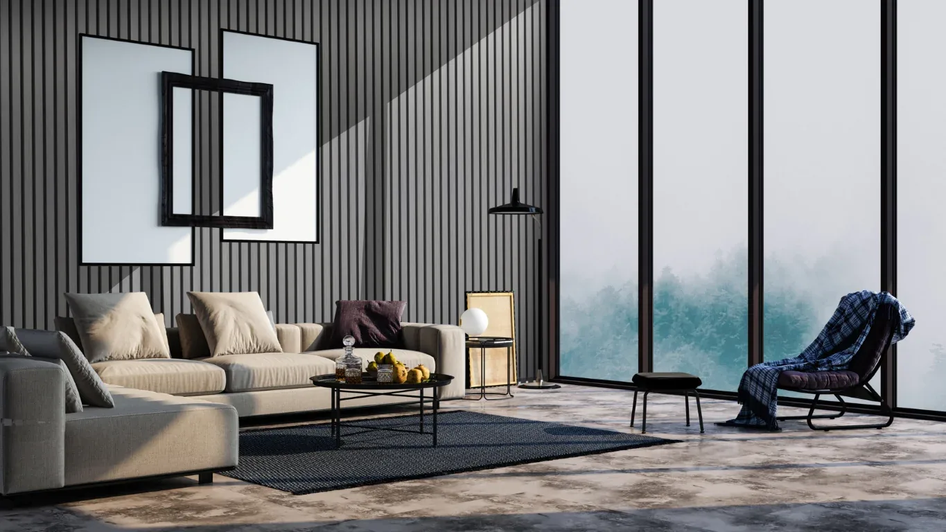 Living room with a slatted timber feature wall in Ashwood