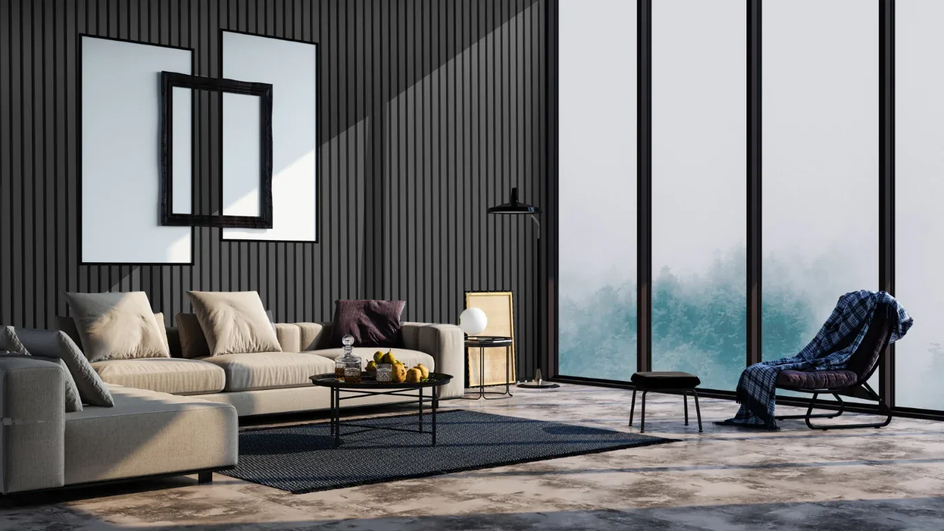 Living room with a slatted timber feature wall in Charcoal