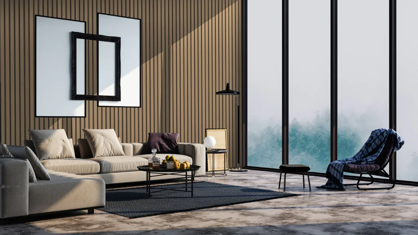 Living room with a slatted timber feature wall in French Oak