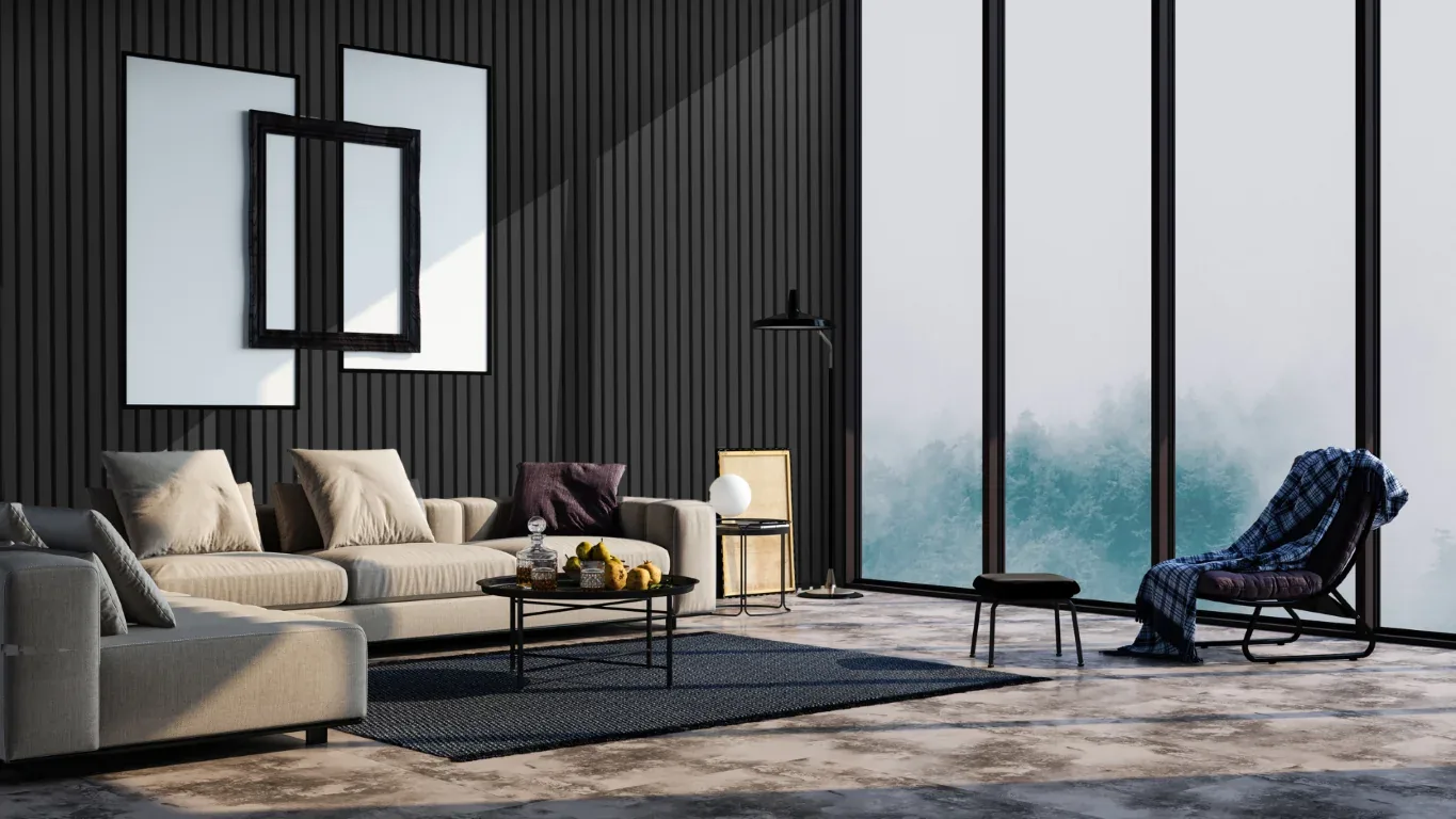 Living room with a slatted timber feature wall in Mineral Black
