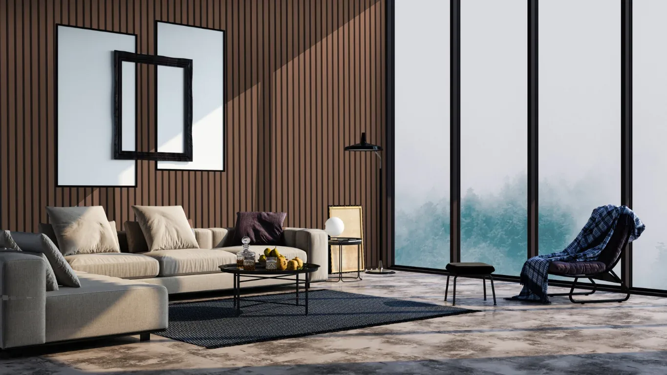 Living room with a slatted timber feature wall in Northern Walnut