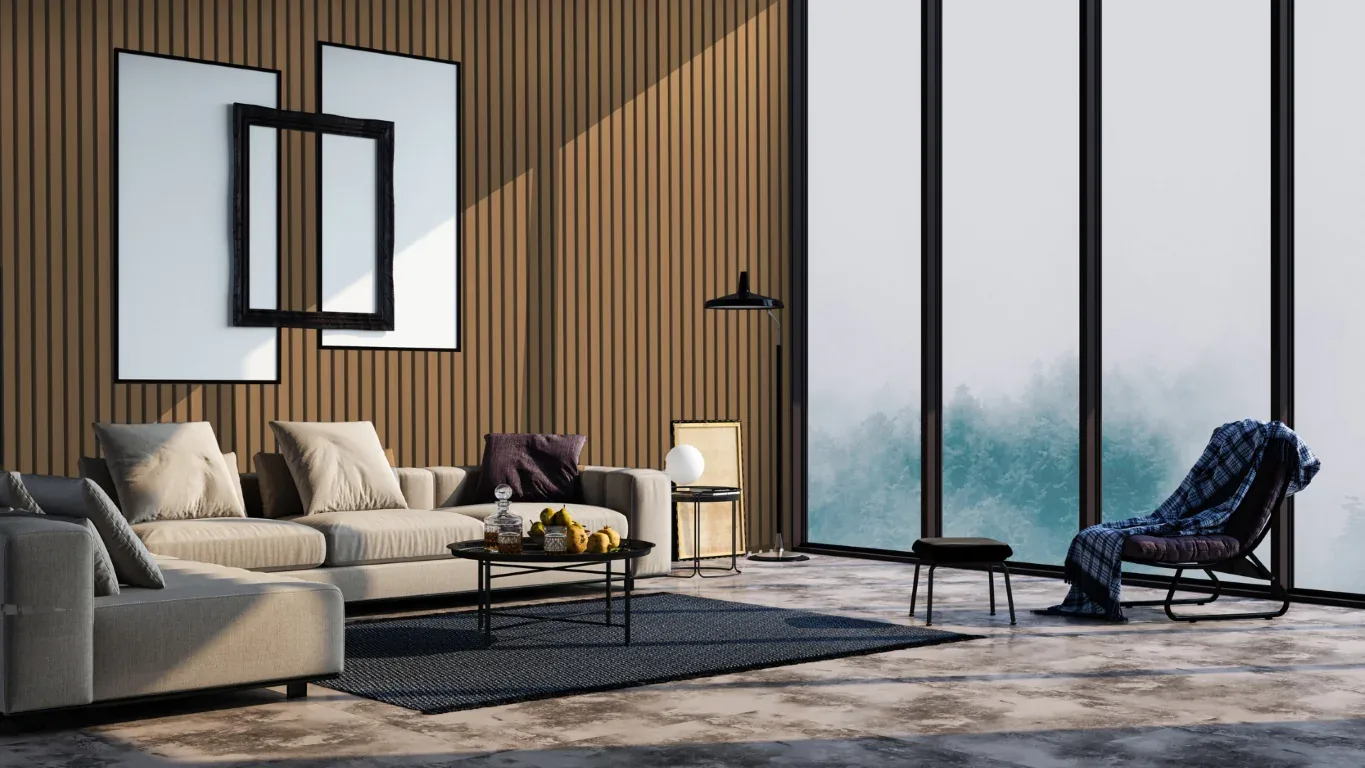 Living room with a slatted timber feature wall in Royal Teak