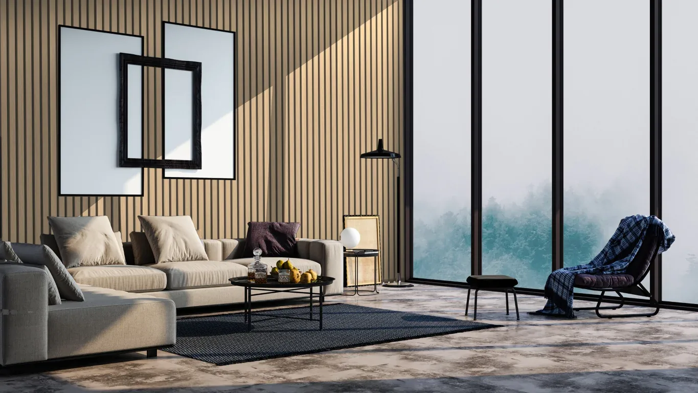 Living room with a slatted timber feature wall in White Oak