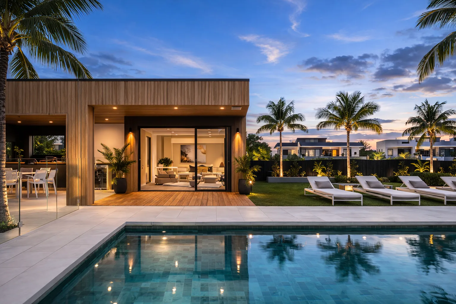 Mansion terrace in Royal Teak at dusk