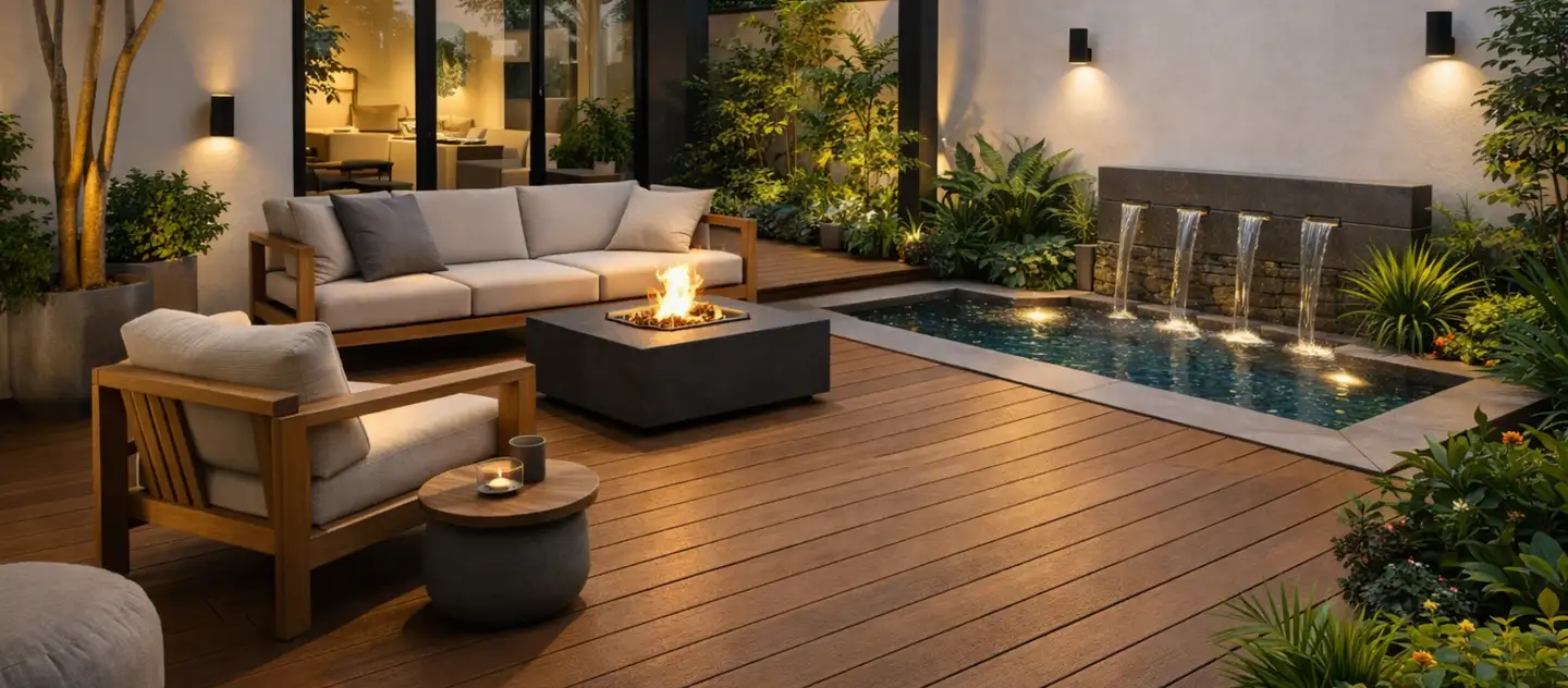 Illuminated backyard terrace at night