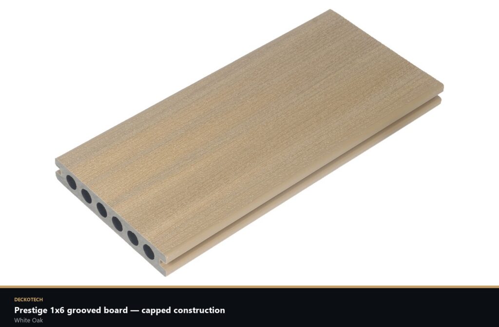 Deckotech Prestige 1x6 grooved composite decking board in White Oak showing the capped surface and hollow core