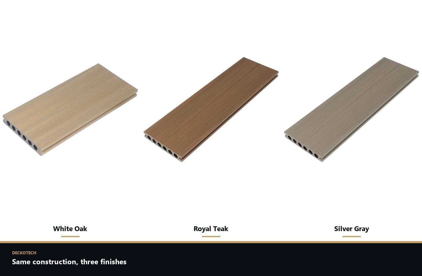 Deckotech Prestige capped composite decking boards in White Oak, Royal Teak and Silver Gray
