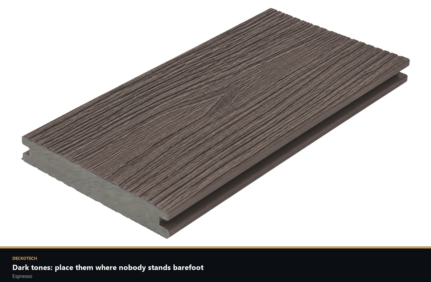 Deckotech composite decking in Espresso, a dark tone suited to vertical surfaces rather than unshaded barefoot decks