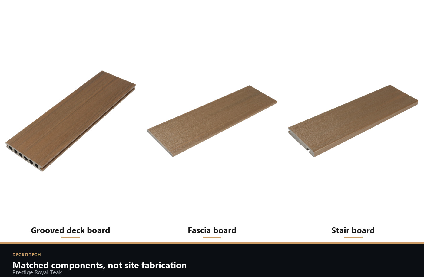 Deckotech Prestige Royal Teak grooved deck board, fascia board and stair board shown together as one modular decking system