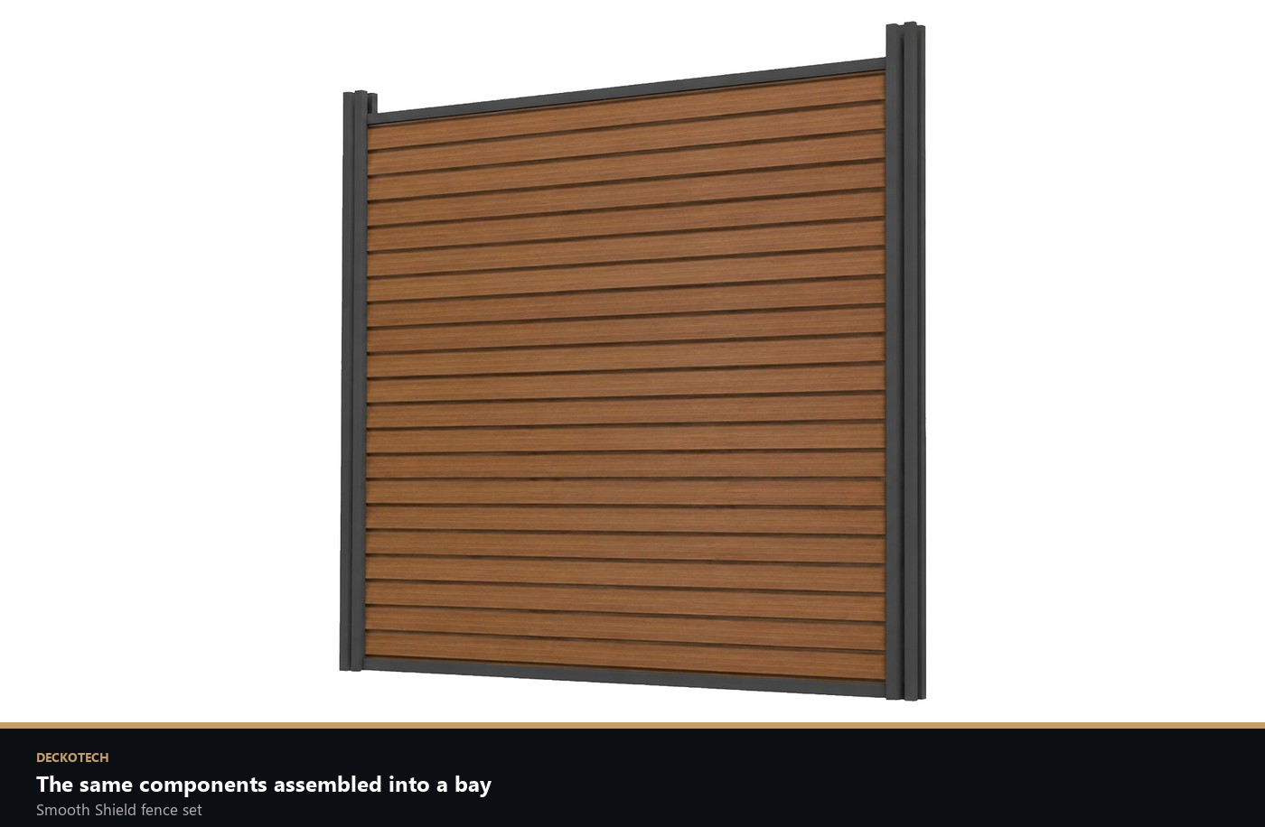 Deckotech Prestige Smooth Shield composite fence set in Royal Teak, matched to the decking range where a deck meets a fence line