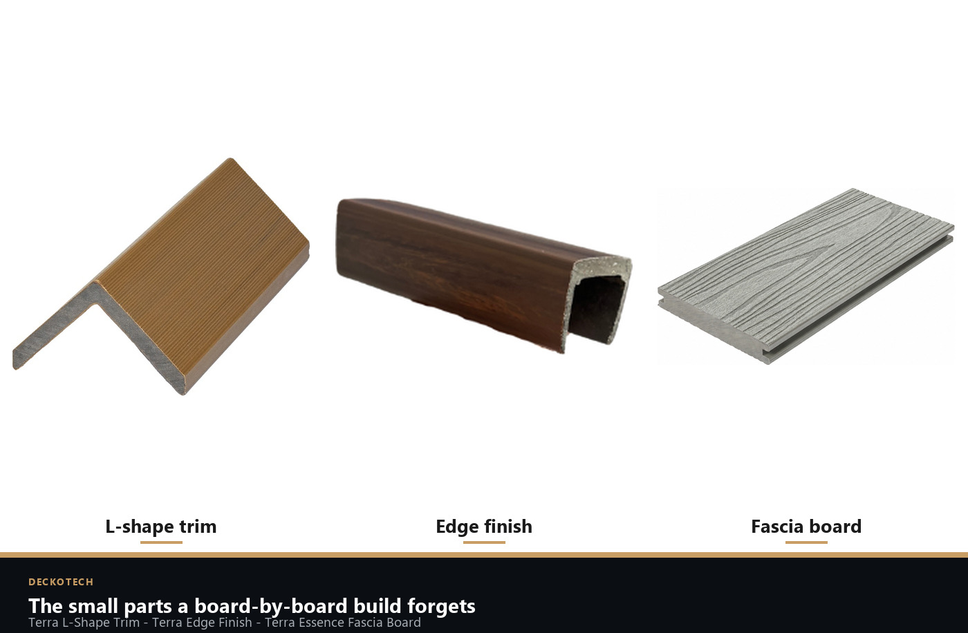 Deckotech Terra L-shape trim, Terra edge finish and Terra Essence fascia board, the edge components of a modular decking system