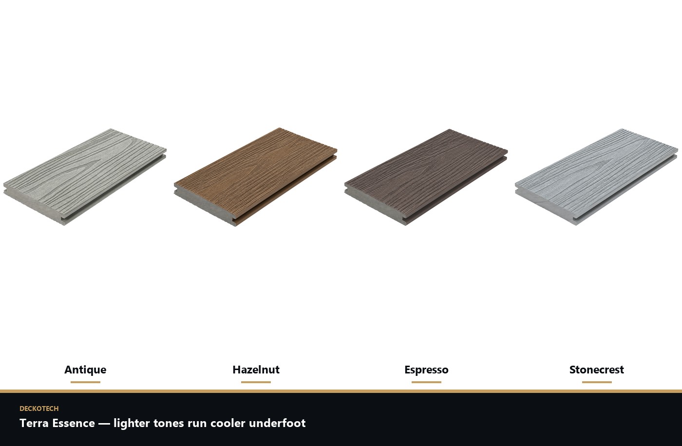Deckotech Terra Essence composite decking boards in Antique, Hazelnut, Espresso and Stonecrest shown side by side